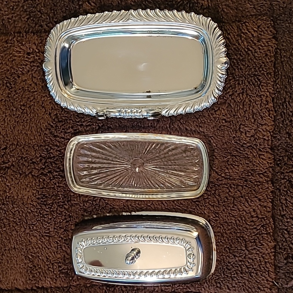 Ornate vintage butter dish. Three pieces with glass base for butter inside